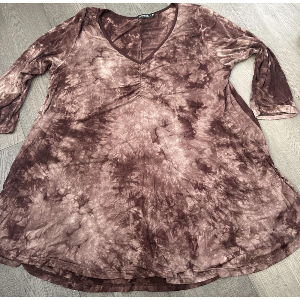 Monnuro Dress Womens 2X Brown Tie Dye V Neck 3/4 Sleeve Trapeze Swing‎ Knit Boho